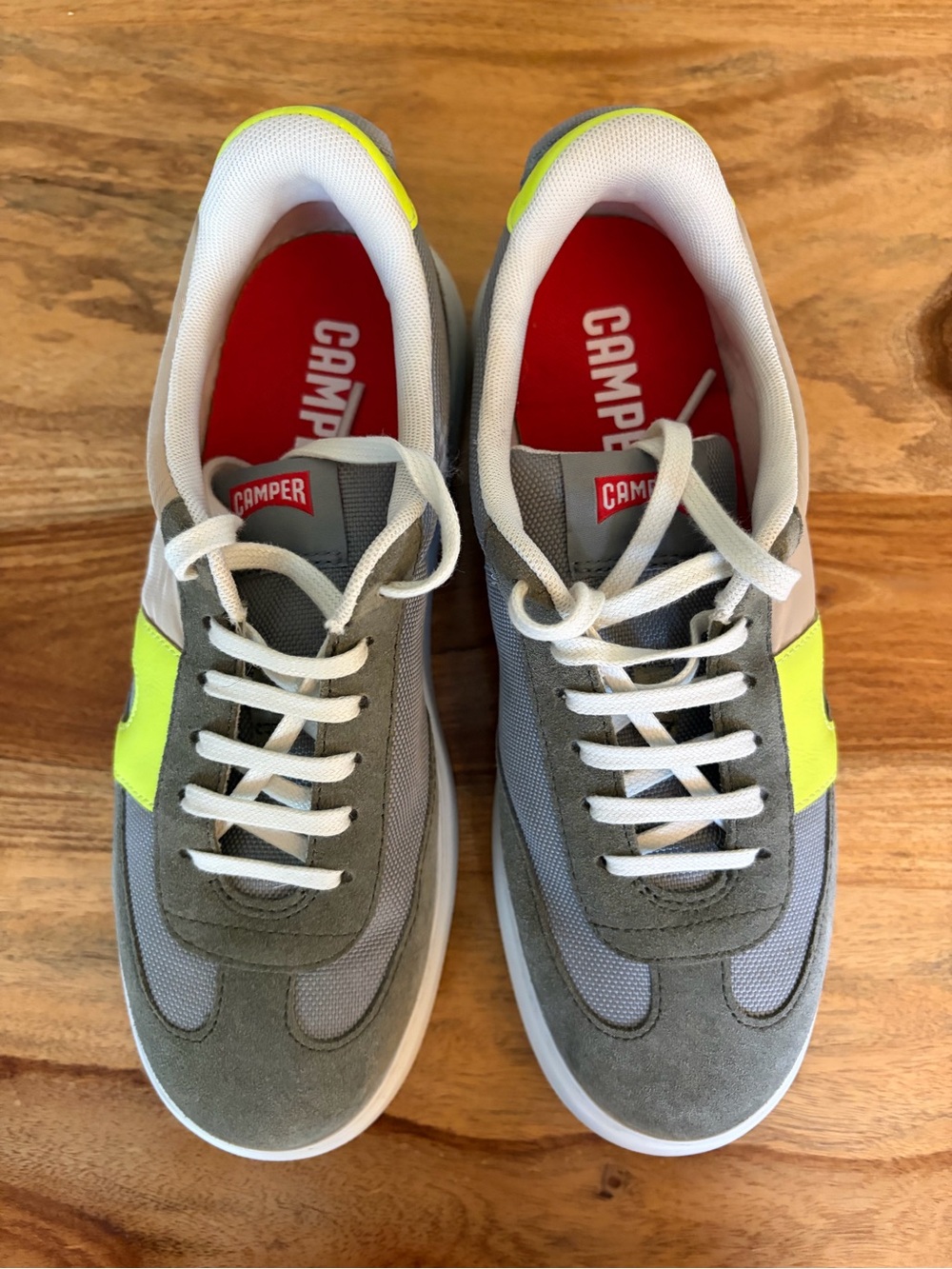 Camper Khaki green and Grey Suede & Mesh Sneakers with Neon Yellow Accent